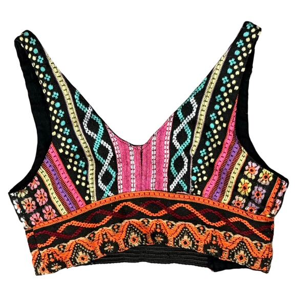None Tops - Tribal Festival Black Orange Pink Embroidered Cotton Tank Crop Bra Top size S